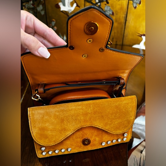 *SOLD** Yellow Suede Bag with Pink Crystal bug Embellishment - Picture 10 of 12